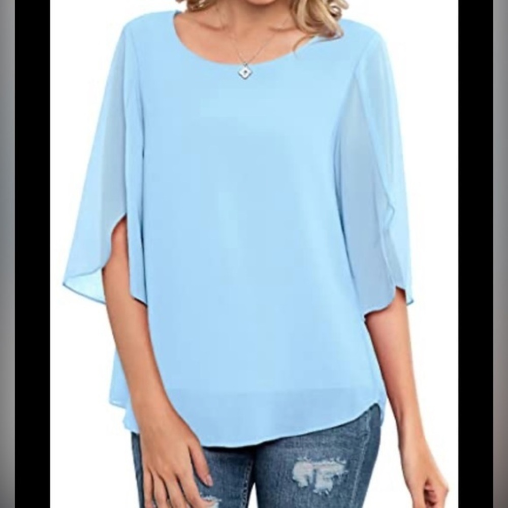 New Neineiwu‎ Light Blue Women’s  Bell Sleeves Round Neck Top Blouse